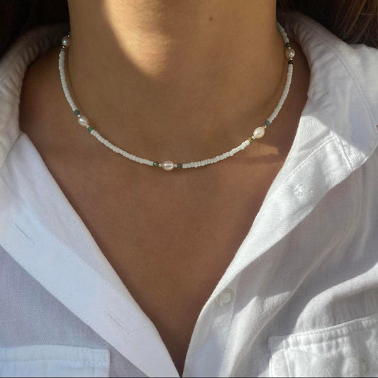 Sterling Silver Pearl n' White Turquoise Beaded Necklace