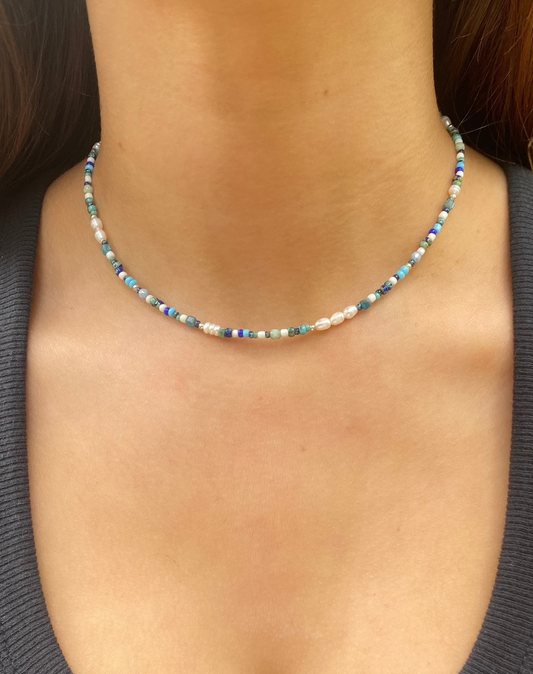 Sterling Silver Crystal Blue Beaded Necklace