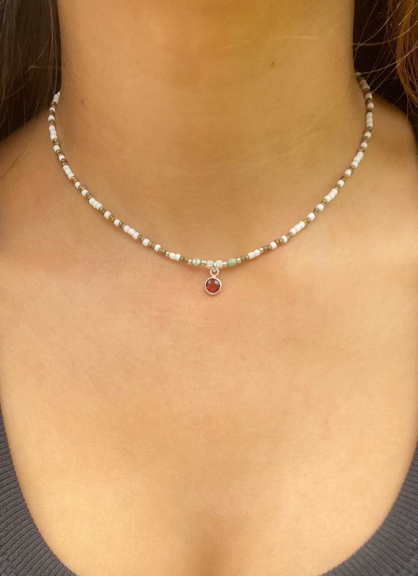 Red Garnet Beaded Necklace Silver