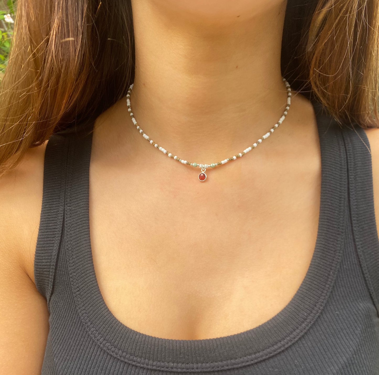 Red Garnet Beaded Necklace Silver