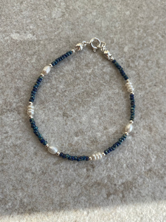 Sterling Silver Pearl n' Blue Beaded Bracelet