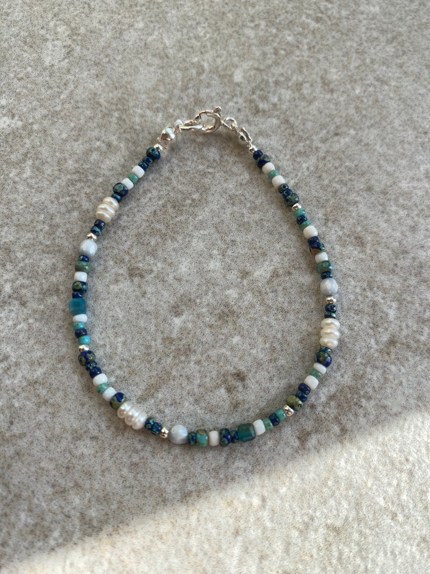 Sterling Silver Blue n' Pearl Beaded Bracelet