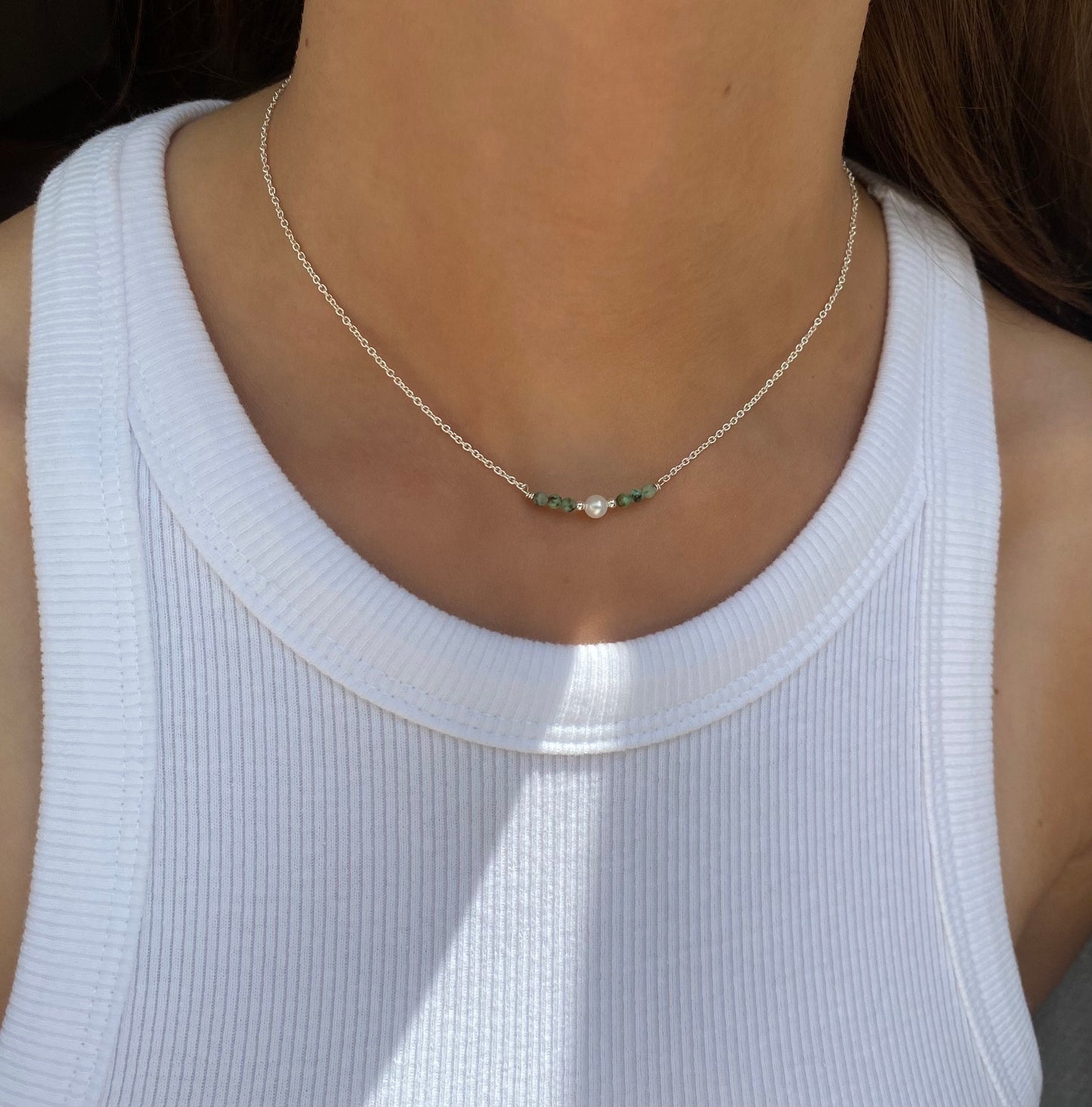 Freshwater Pearl Necklace Sterling Silver 925 Handmade, Pearl Choker Necklace, Dainty Pearl Necklace, Turquoise Bead, Minimalist Jewelleey