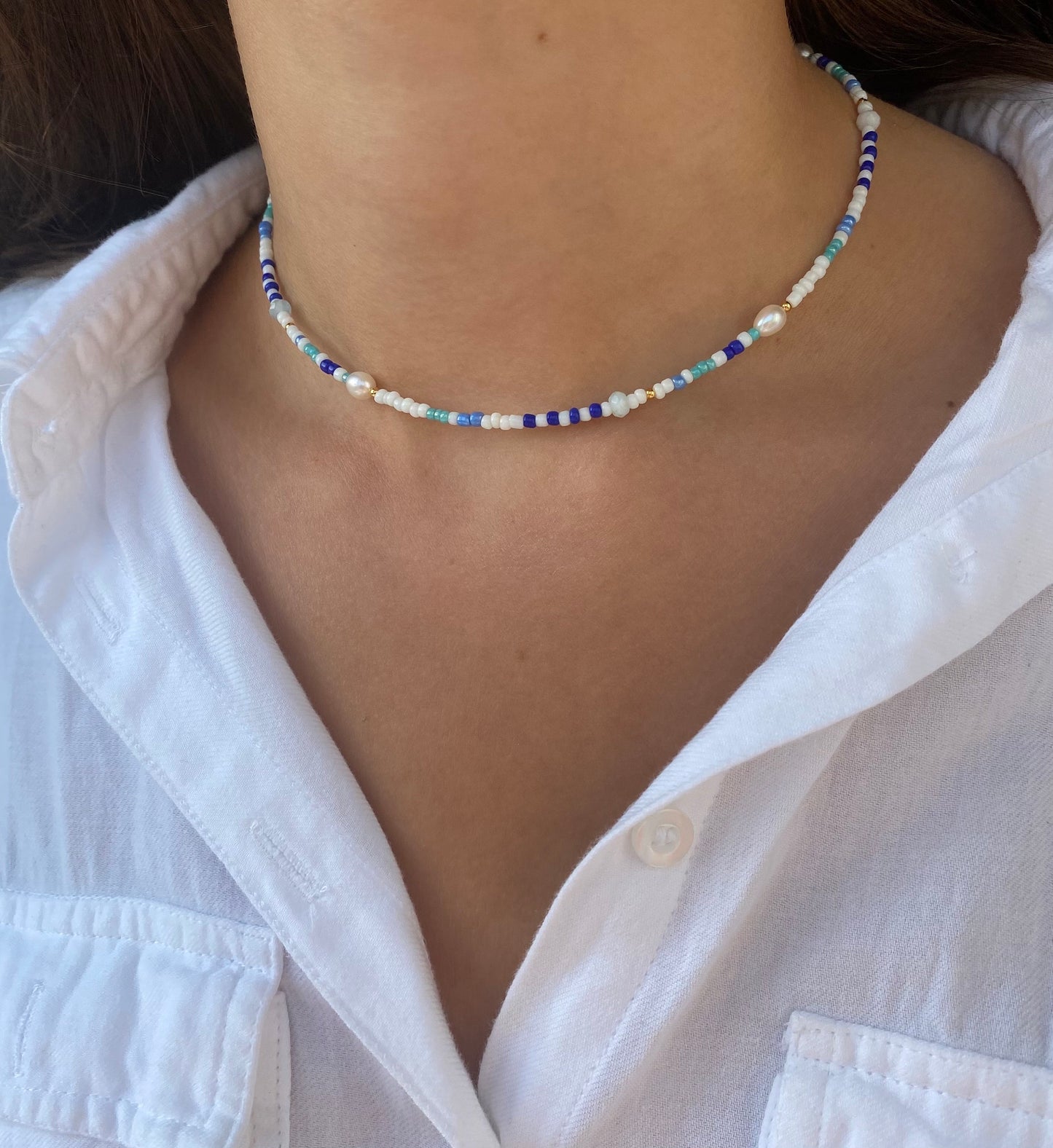 Sterling Silver Gold Bead Necklace, Tiny Gold Beaded Necklace, Seed Beaded Choker Necklace, Dainty Summer Gold Blue Turquoise White Necklace