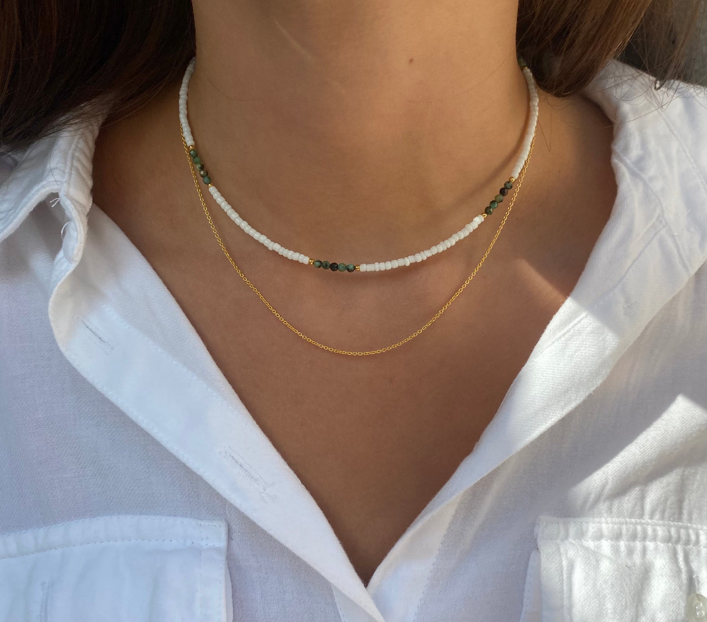 Sterling Silver Gold Bead Necklace, Seed Beaded Choker Necklace, Gold Green and White Bead Beach Girl Jewellery, Tiny Dainty Bead Necklace