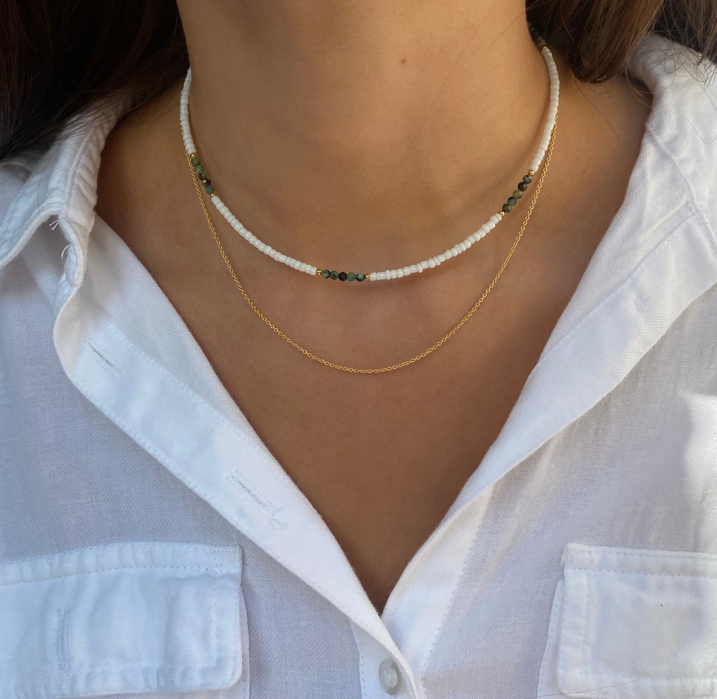 Sterling Silver Gold Bead Necklace, Seed Beaded Choker Necklace, Gold Green and White Bead Beach Girl Jewellery, Tiny Dainty Bead Necklace