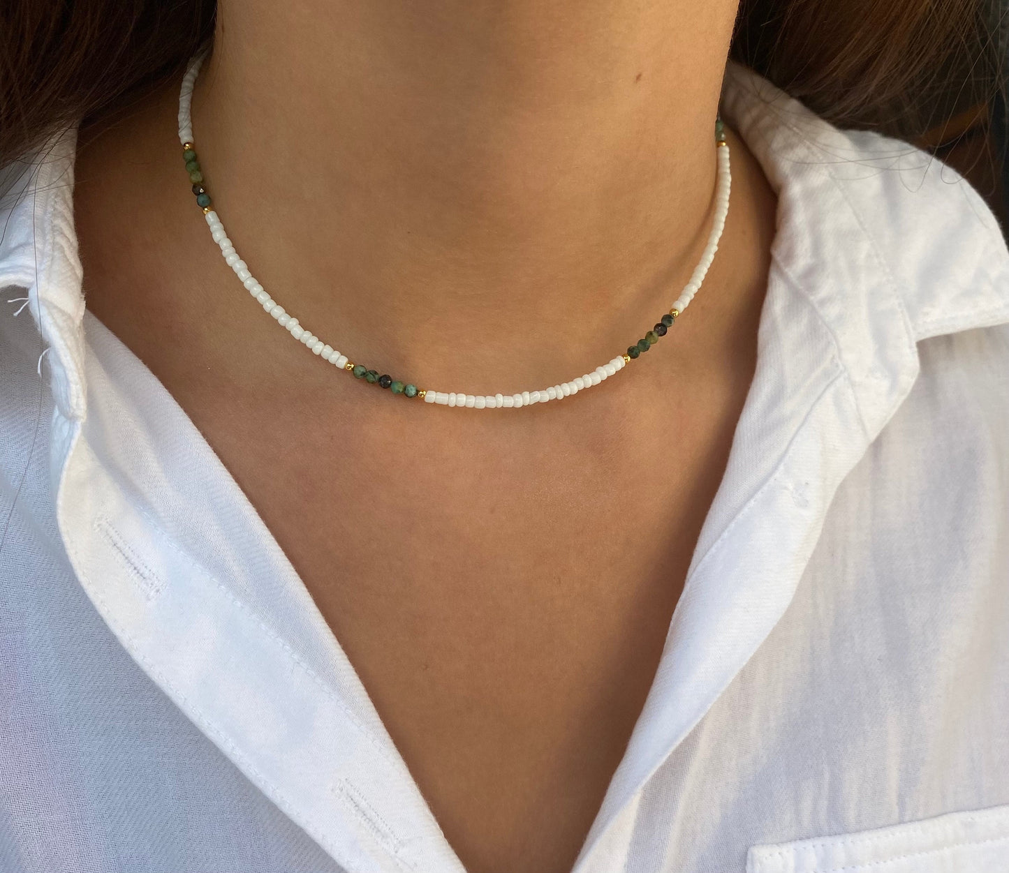 Sterling Silver Gold Bead Necklace, Seed Beaded Choker Necklace, Gold Green and White Bead Beach Girl Jewellery, Tiny Dainty Bead Necklace