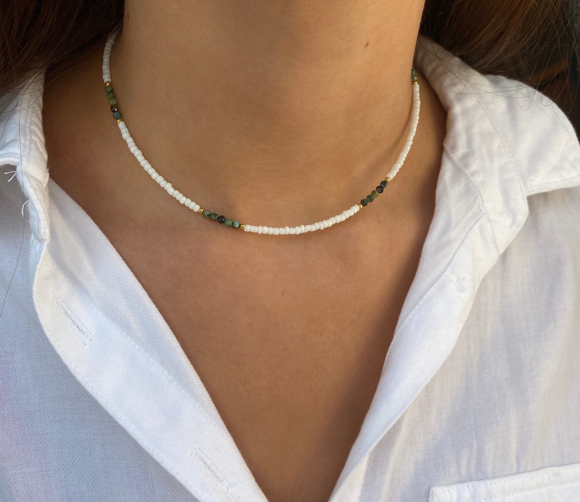 Sterling Silver Gold Bead Necklace, Seed Beaded Choker Necklace, Gold Green and White Bead Beach Girl Jewellery, Tiny Dainty Bead Necklace