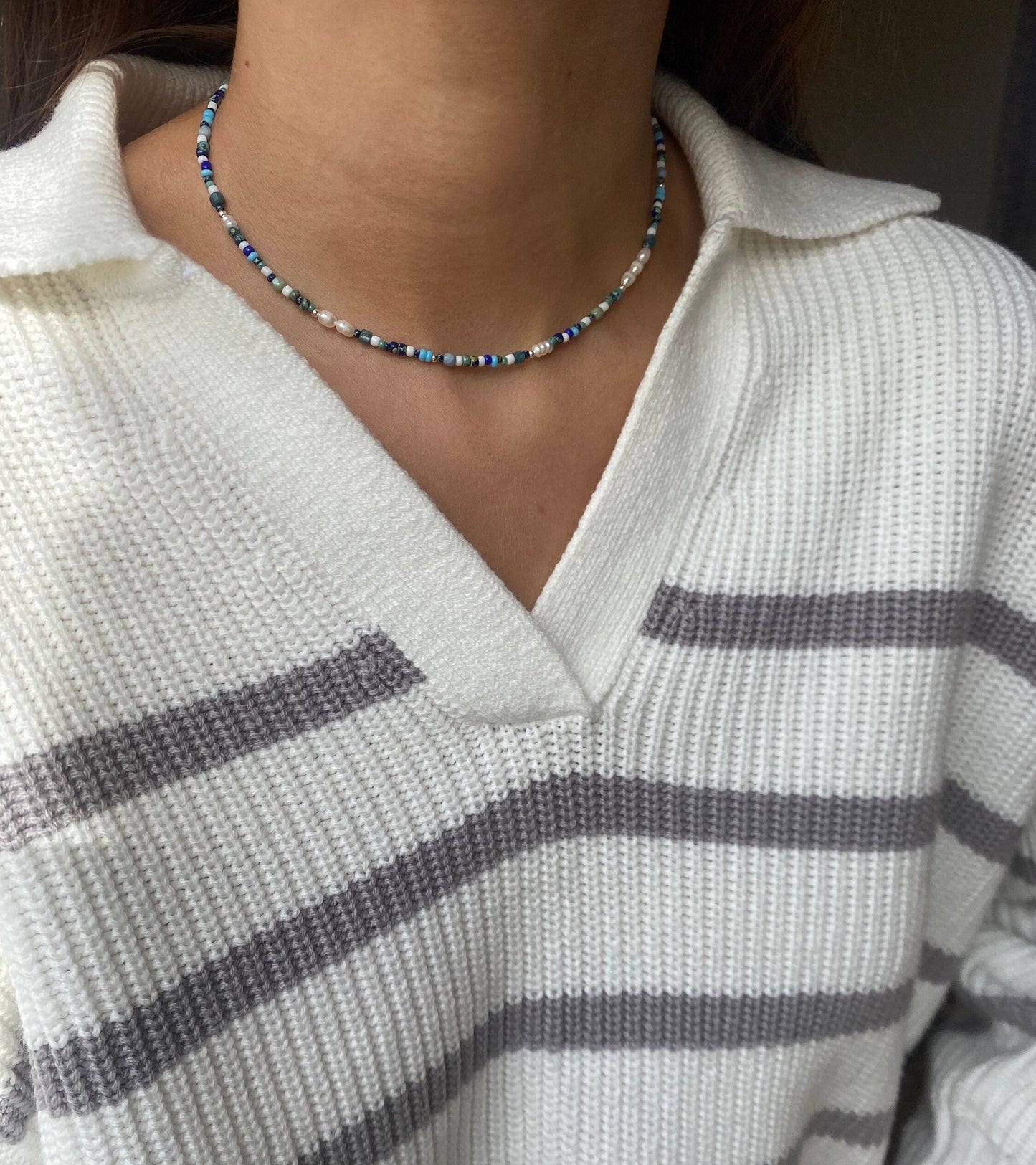 Sterling Silver beaded necklace, Seed beaded blue and white choker necklace, Freshwater pearl necklace, Dainty Bead Necklace, Minimalistic