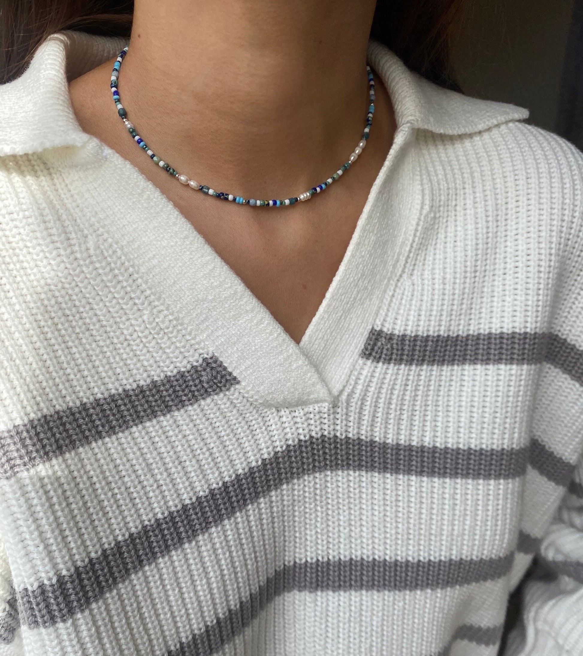 Sterling Silver beaded necklace, Seed beaded blue and white choker necklace, Freshwater pearl necklace, Dainty Bead Necklace, Minimalistic