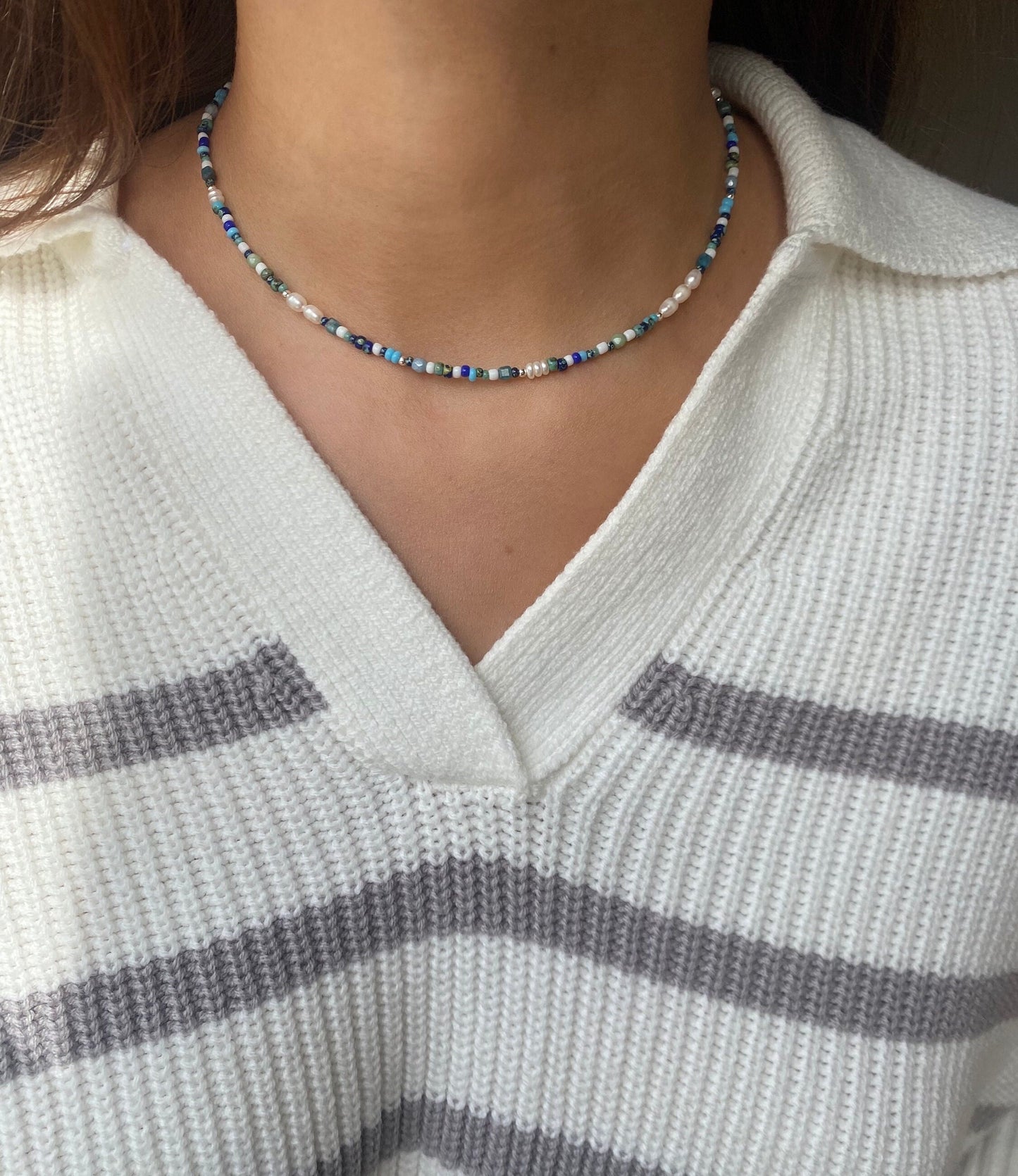 Sterling Silver beaded necklace, Seed beaded blue and white choker necklace, Freshwater pearl necklace, Dainty Bead Necklace, Minimalistic