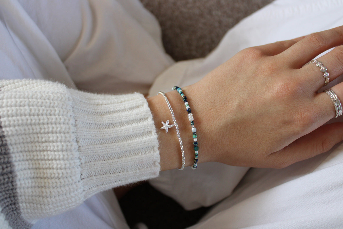 Sterling Silver Beaded Bracelets, Starfish Bead Bracelet, Dainty Bracelet, Tiny Silver Bracelet, Summer Beachy Bracelet Stack, Ocean Sea