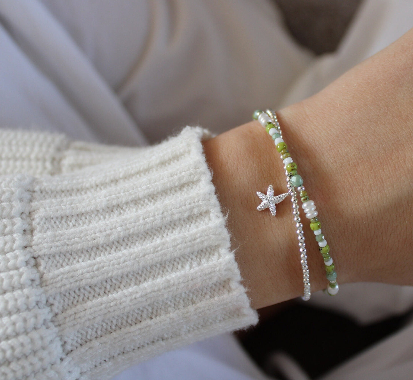 Sterling Silver Beaded Bracelets, Starfish Bead Bracelet, Dainty Bracelet, Tiny Silver Bracelet, Summer Beachy Bracelet Stack, Ocean Sea