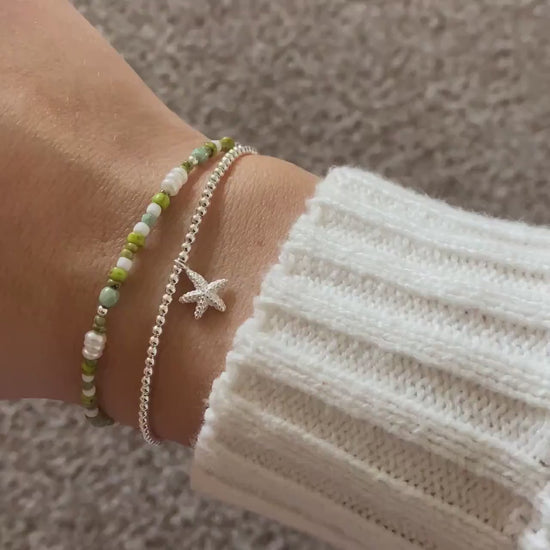 Sterling Silver Beaded Bracelets, Starfish Bead Bracelet, Dainty Bracelet, Tiny Silver Bracelet, Summer Beachy Bracelet Stack, Ocean Sea